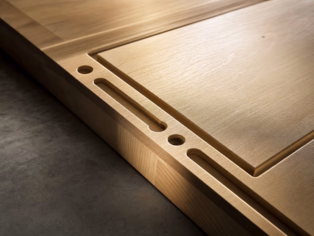 cnc_machined_wood_panel_under_raking_inspection_light