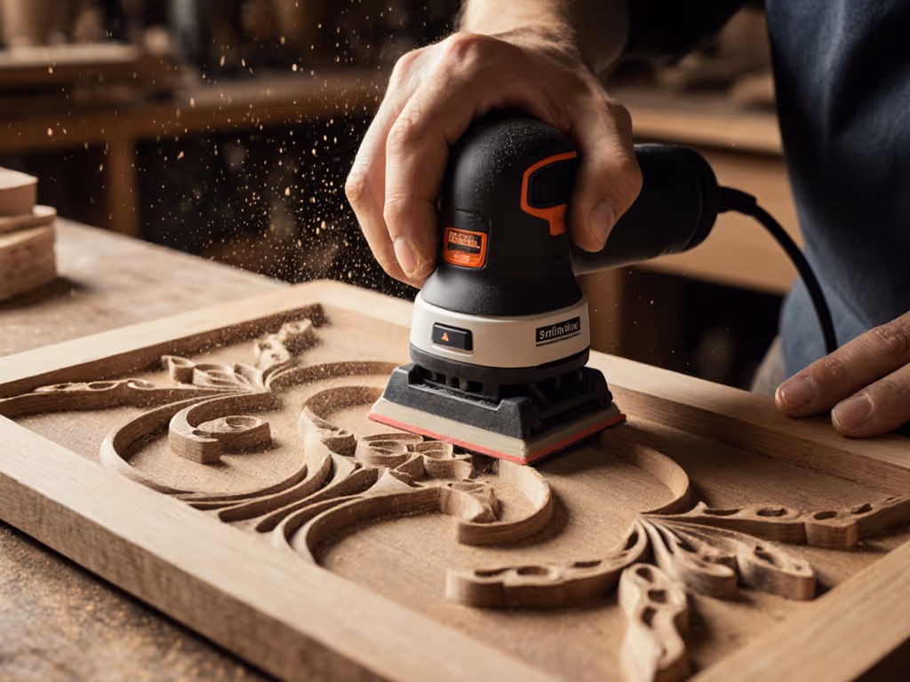 Detail sander working on intricate wood carving