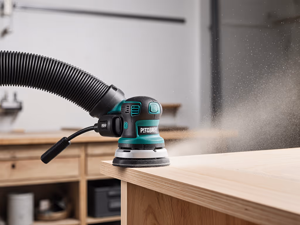 Proper sander hose connection on cabinet edge showing no dust plume