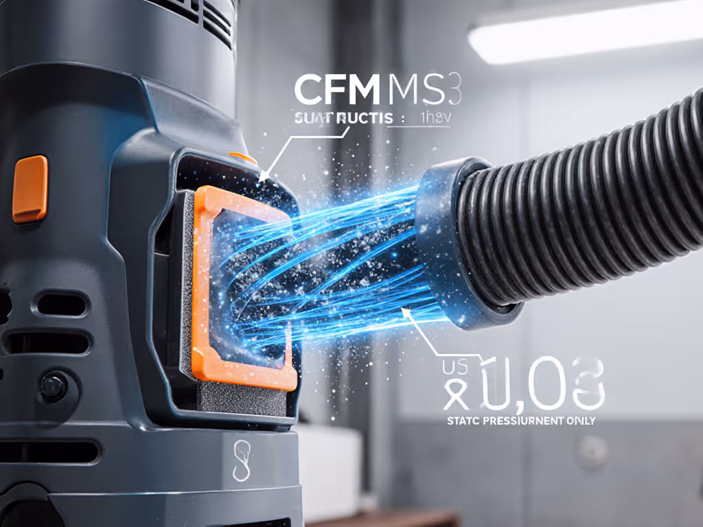 Engineered dust capture system showing sander-extractor hose interface with airflow metrics